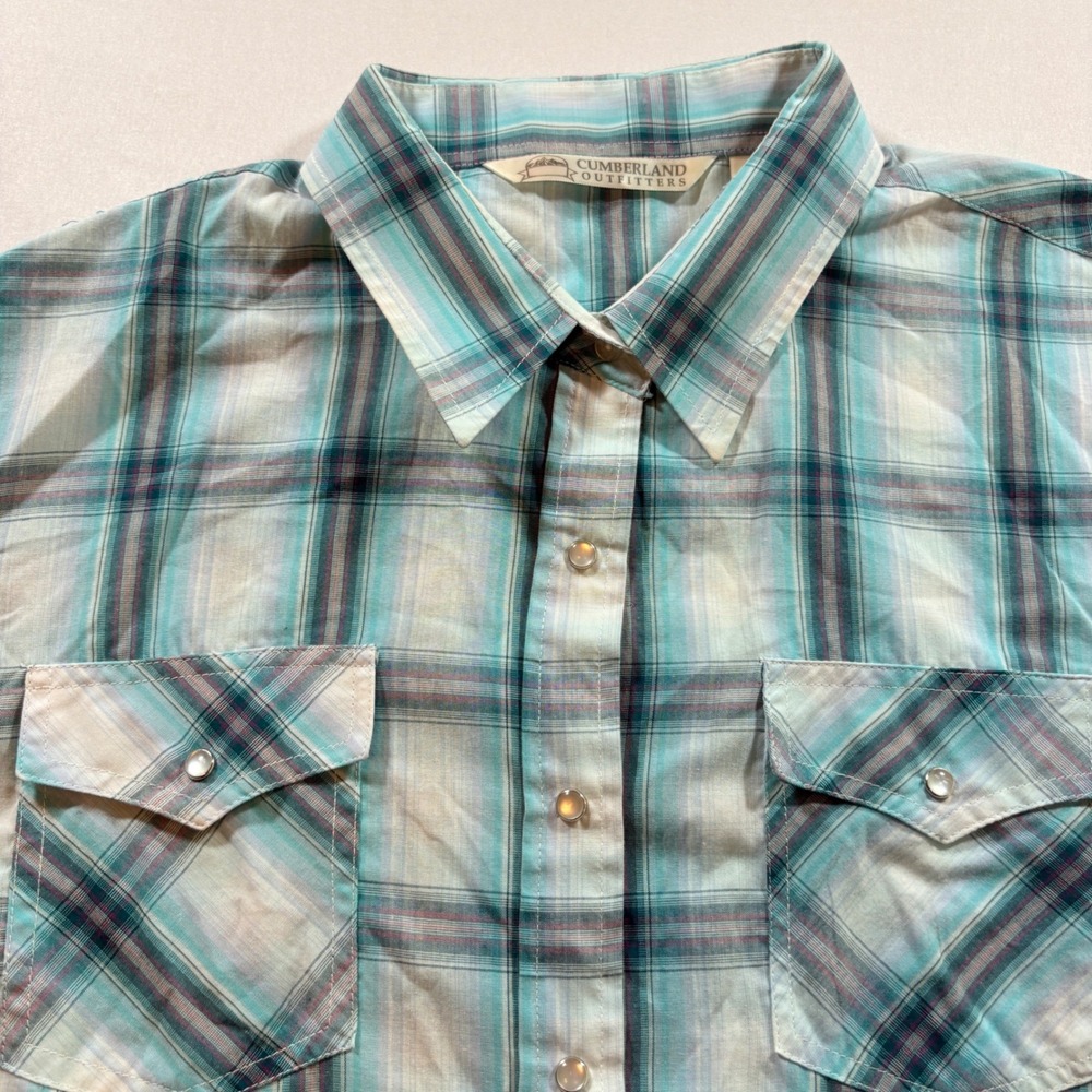 Cumberland Outfitters Western Shirt Women 1X Blue Plaid Snap Button Short Sleeve